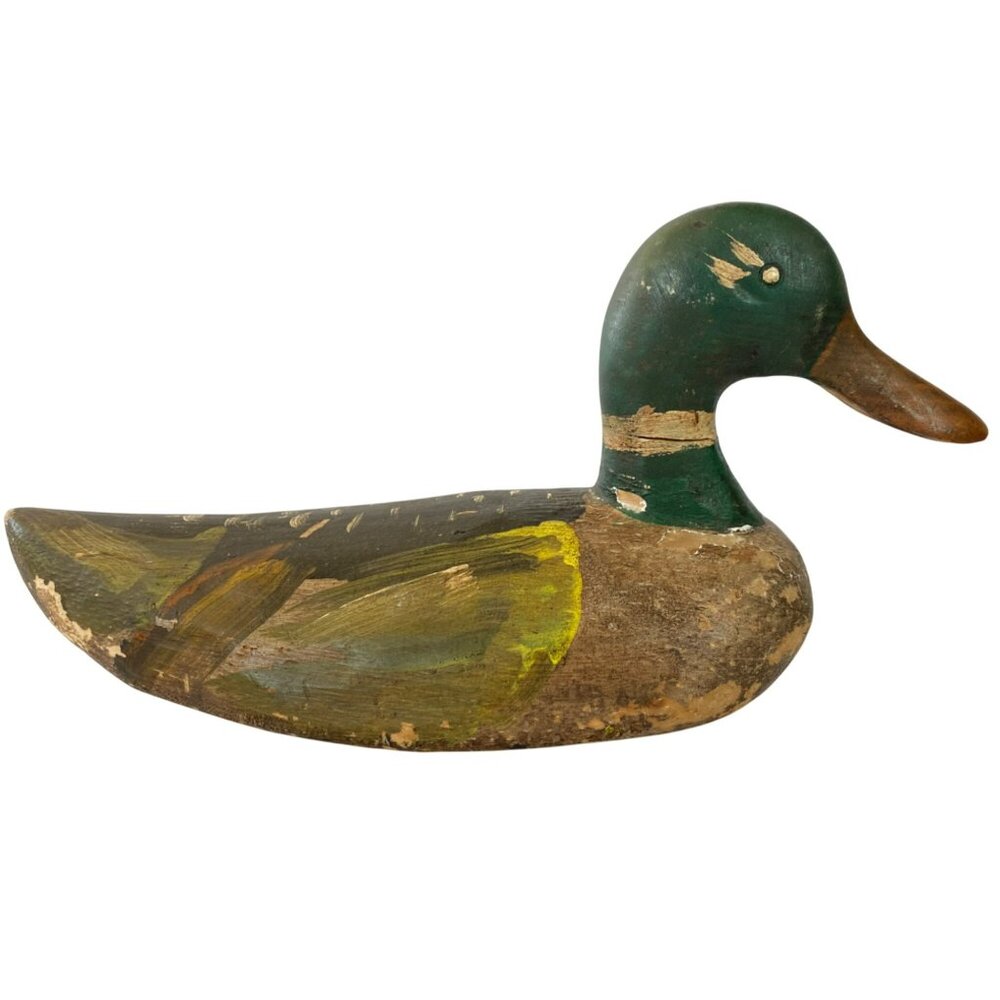 Antique Duck Decoy Wooden Mallard Drake Wood Folk Art Carved Painted American
